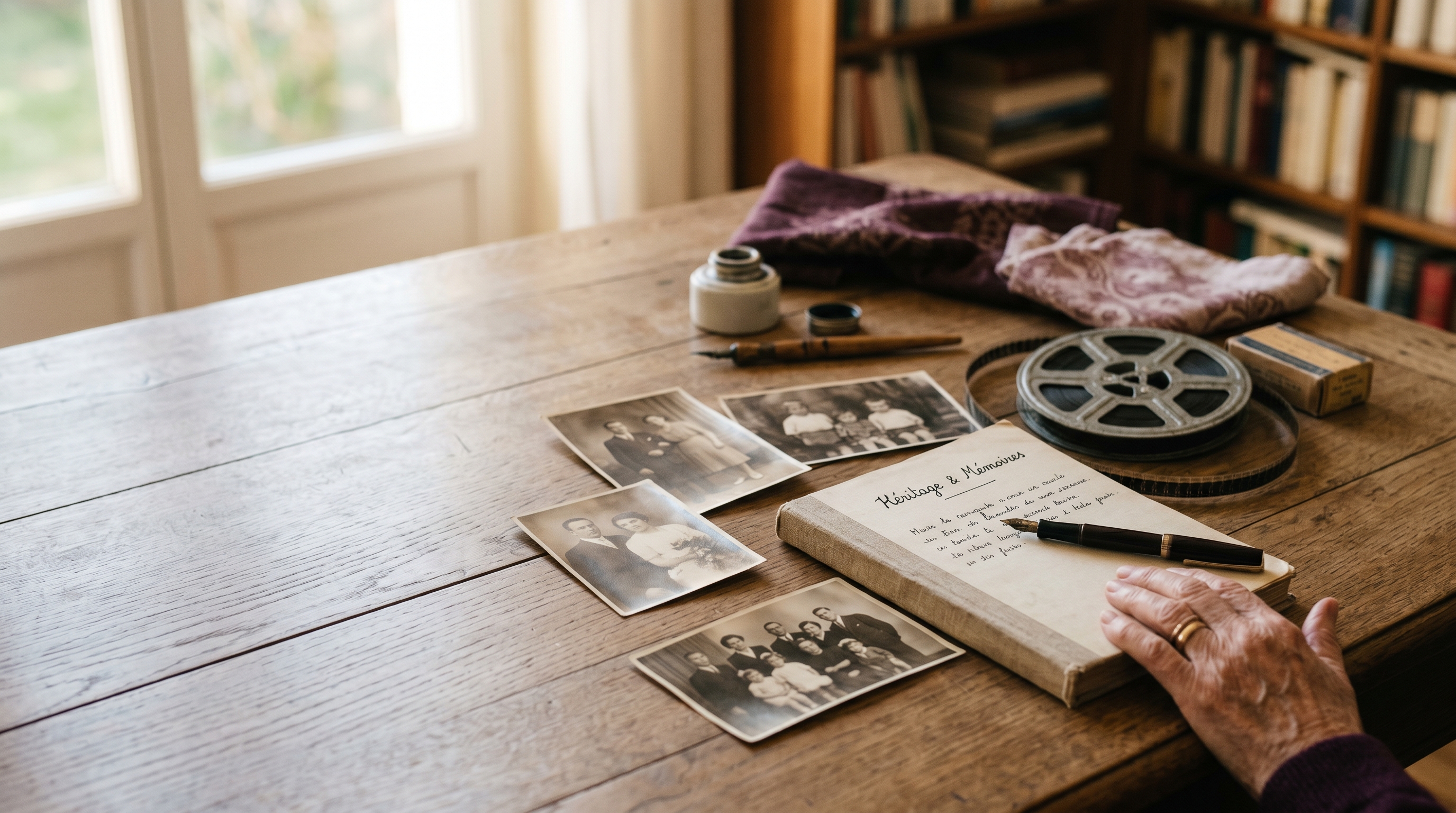 Photographies anciennes, bobine de film et carnet sur une table baignée d'une lumière douce